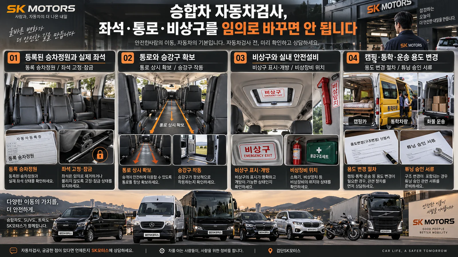 승합차 자동차검사, 좌석·통로·비상구를 임의로 바꾸면 안 됩니다 — 주요 확인 순서 인포그래픽