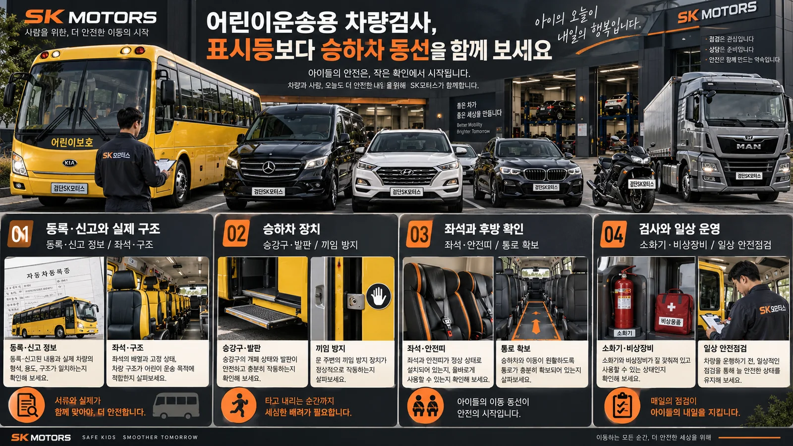 어린이운송용 차량검사, 표시등보다 승하차 동선을 함께 보세요 — 주요 확인 순서 인포그래픽