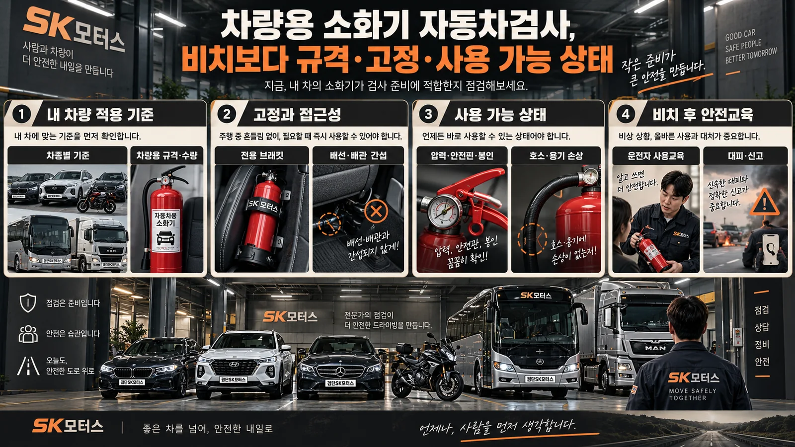 차량용 소화기 자동차검사, 비치보다 규격·고정·사용 가능 상태 — 주요 확인 순서 인포그래픽