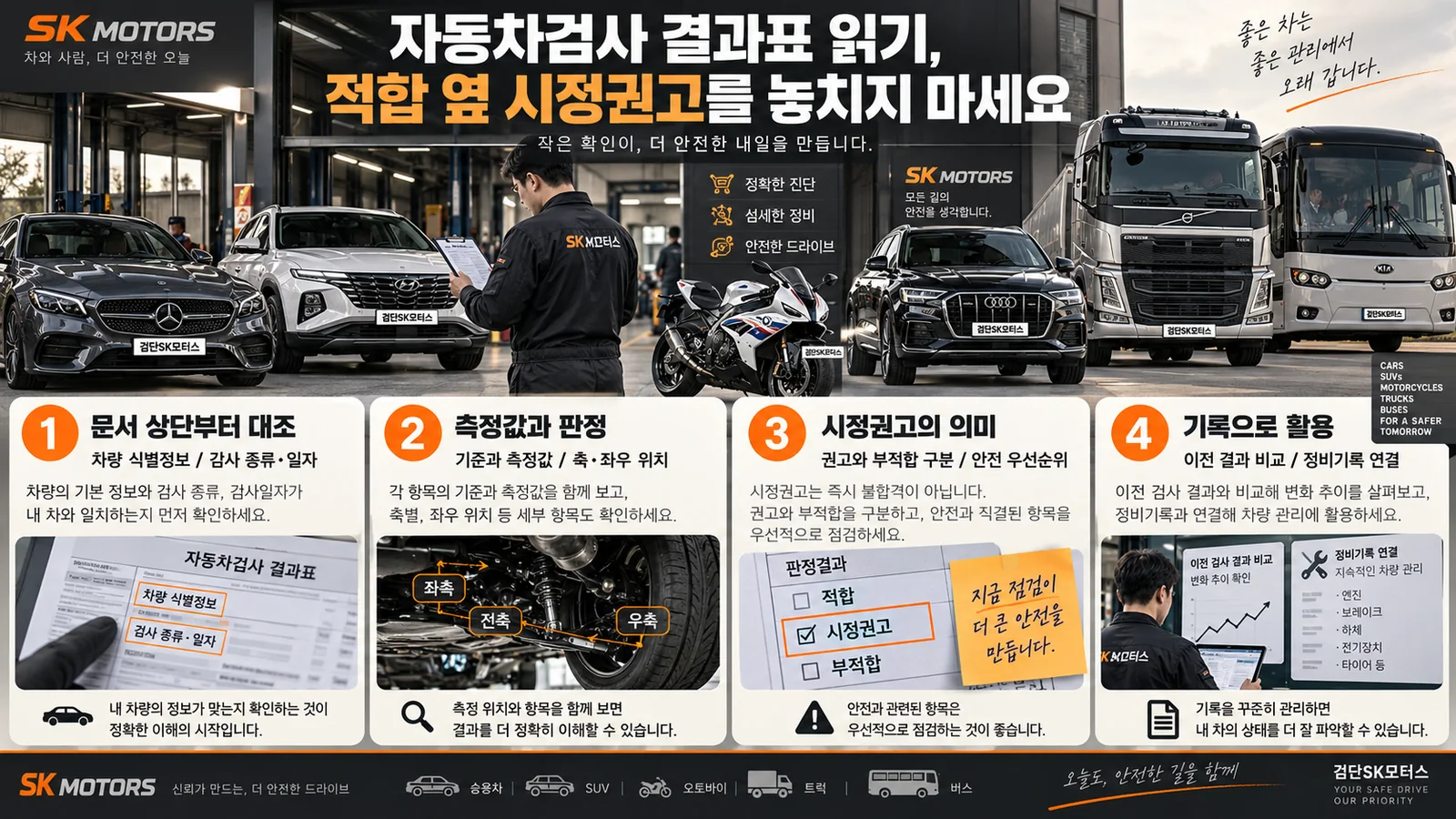 자동차검사 결과표 읽기, 적합 옆 시정권고를 놓치지 마세요 — 주요 확인 순서 인포그래픽