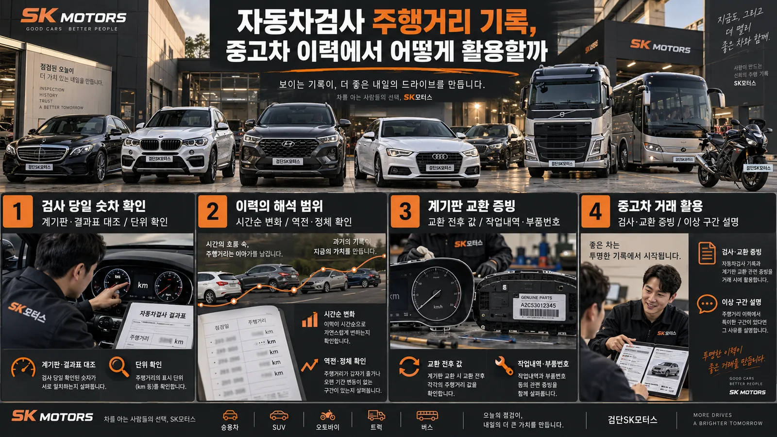 자동차검사 주행거리 기록, 중고차 이력에서 어떻게 활용할까 — 주요 확인 순서 인포그래픽