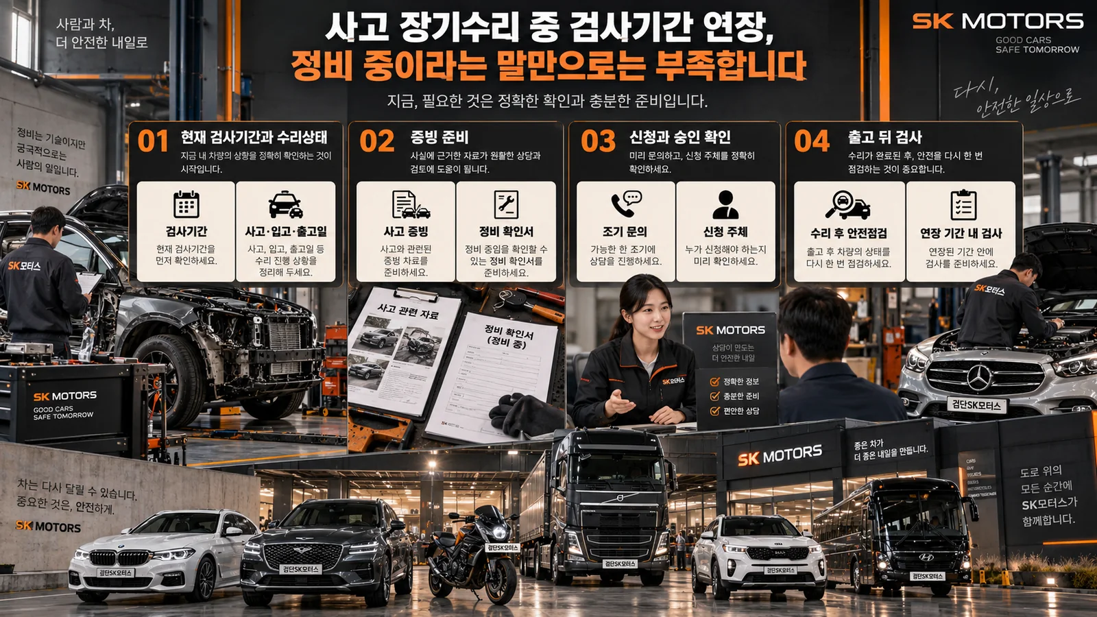 사고 장기수리 중 검사기간 연장, 정비 중이라는 말만으로는 부족합니다 — 주요 확인 순서 인포그래픽