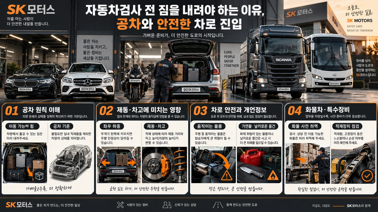 자동차검사 전 짐을 내려야 하는 이유, 공차와 안전한 차로 진입 — 주요 확인 순서 인포그래픽